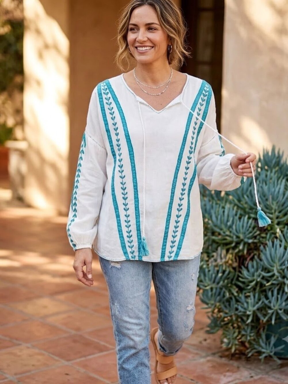 Sundance Lightweight Aqua Embroidered Tassle Tie Peasant Blouse